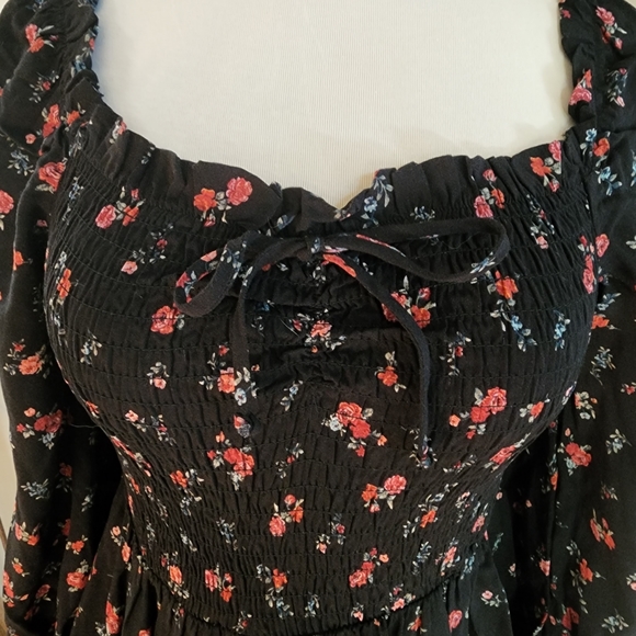 NWT Wild Fable Black Floral Print Peasant Top Long Sleeve Mini Dress - Picture 2 of 5